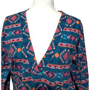 Southwestern Shirt Women's Size Small Oversized Bright Print Deep V Neck Geometr
